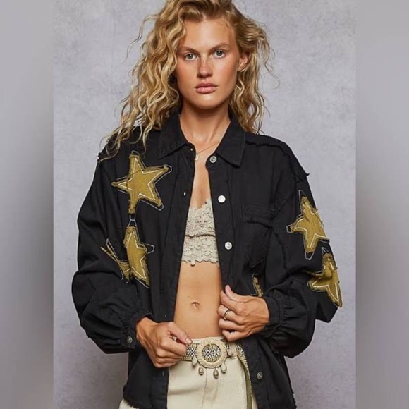 POL Star Patch Raw Hem Button Up Denim Lightweight Shacket Oversized Fit Black - Picture 5 of 7
